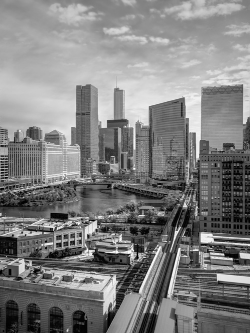 Chicago River Bend black and white photo