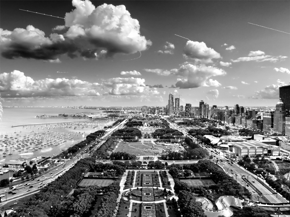 Chicago Lake Front Night Black & White Photo Planck
